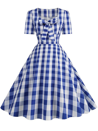 Green Plaid Swing Party Dresses Women Elegant Vintage Square Collar Short Sleeve Casual Summer Dress
