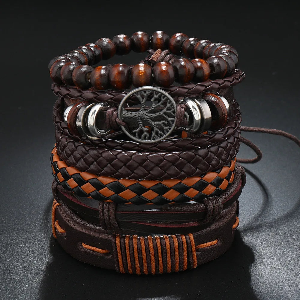 Red 6 Pc/set Tree Black Wrap Woven Handmade Wood Beads Bracelets Male Women Leather Bracelets Men Bangle Wholesale Jewelry Gift
