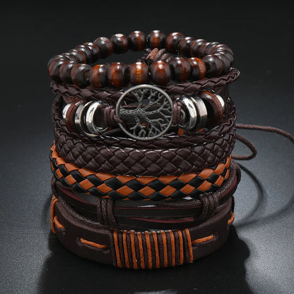 Red 6 Pc/set Tree Black Wrap Woven Handmade Wood Beads Bracelets Male Women Leather Bracelets Men Bangle Wholesale Jewelry Gift