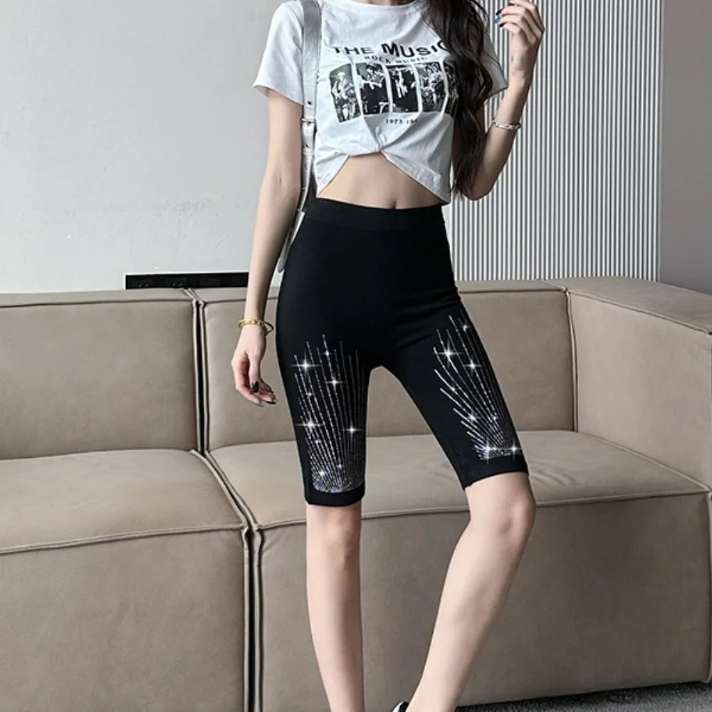 ブラックウィメン ラインストーン レギンス 膝丈 タイツ ハイウエスト ヨガショーツ ストリートウェア パンツ ヒップリフト ショーツ レディース