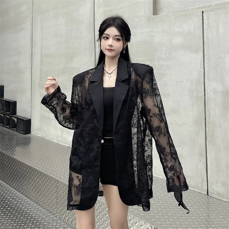 Women Clothing Summer Thin Jackets 2025 Ropa Mujer Patchwork Lace Temperament Coat Sexy Y2k Tops See Through Oversized Outwear