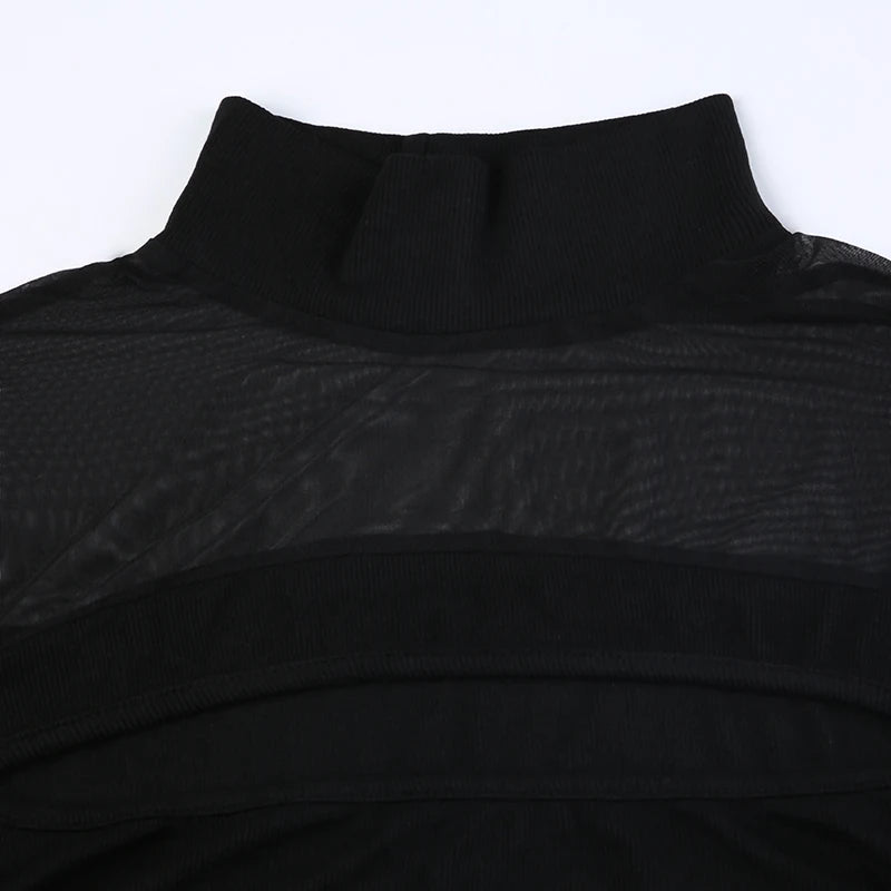 CIBBAR Black Hollow Out Bodysuit Mesh Patchwork Solid Full Sleeve See Through Bodycon Jumpsuit for Women Club Party Outfits Lady