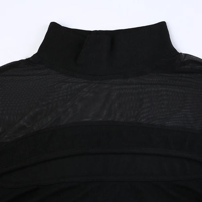 CIBBAR Black Hollow Out Bodysuit Mesh Patchwork Solid Full Sleeve See Through Bodycon Jumpsuit for Women Club Party Outfits Lady