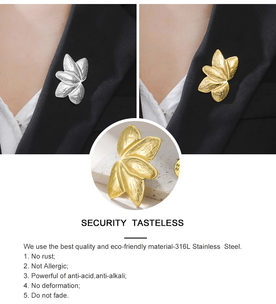 My Shape Leaves Brooch for Woman Girls Fan Shaped Leaves Brooch Pins for Dress Skirts Gold Color Stainless Steel Jewelry Gifts