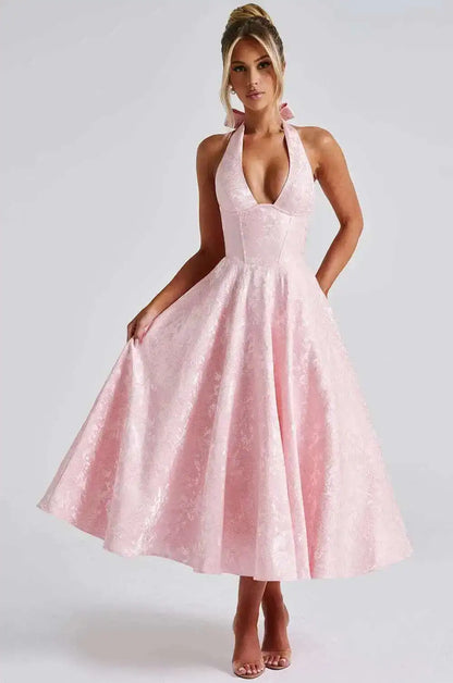 Giyu Club Evening Party Dresses Women 2025 Summer Sexy Bow Halter Long Dress Elegant Jacquard Lace Up Backless Birthday Robe