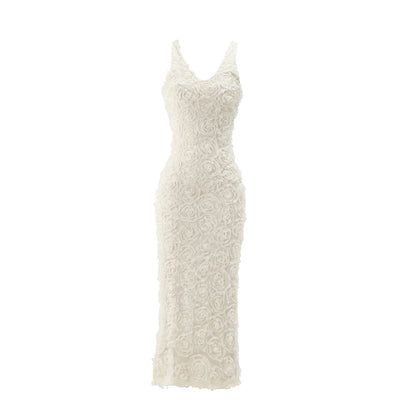 Mingmingxi Elegant Flower Applique Party Dresses 2024 New Arrivals V Neck Bodycon Mesh Dress Sexy Long Maxi Dress Women