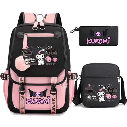 Kuromi Student Backpack 3pcs Cartoon Rucksack Girls School Bag High Capacity Women Backpack Female Cute Leisure Travel Mochilas