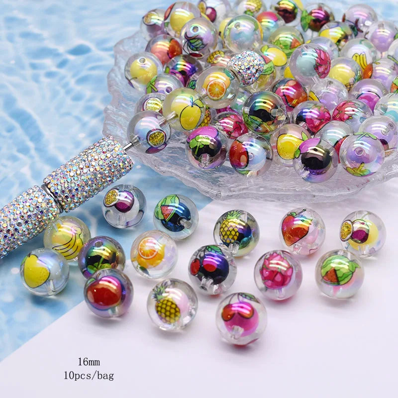 10pcs/bag Acrylic Beads Fashion Hand Drawn Cartoon Painting Loose Beaded DIY Handmade DIY Bracelets Mobile phone chain Bead Pen