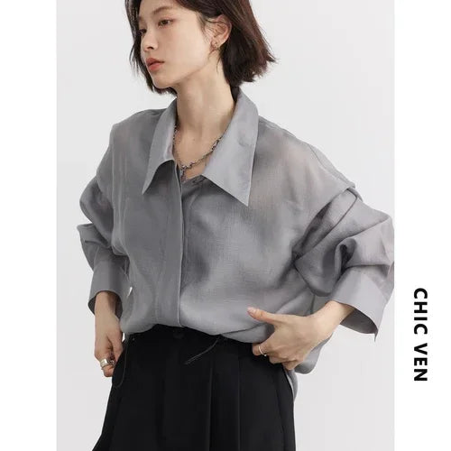 CHIC VEN Women Thin Shirt Long Sleeve Casual Loose Slightly Transparent Cool Blouses Woman Solid Design Female Top Summer 2024