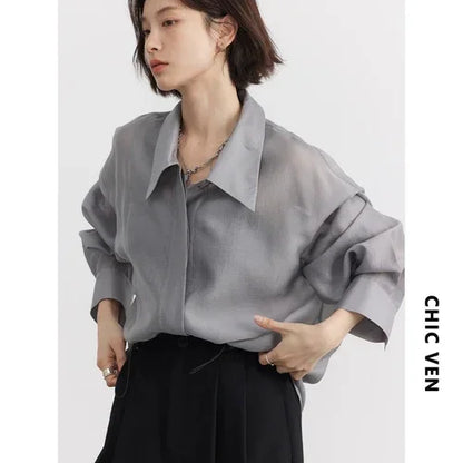 CHIC VEN Women Thin Shirt Long Sleeve Casual Loose Slightly Transparent Cool Blouses Woman Solid Design Female Top Summer 2024