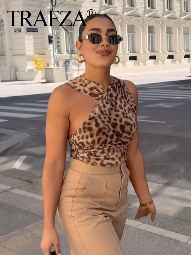 TRAFZA Leopard Print Women Bodysuits Sexy Vintage Sleeveless Lady Jumpsuits Fashion Summer Beach Slim Halter Female Rompers