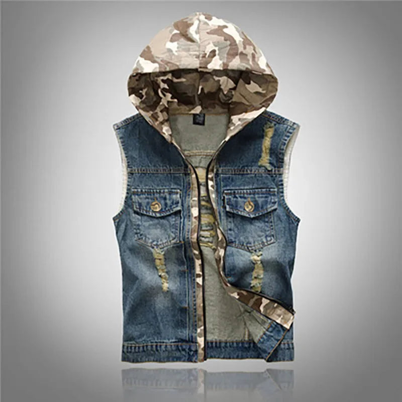 New  Men's Korean Style Vest Fashion Slim Camouflage Hooded Waistcoat Casual Sport Denim Vest Sleeveless Jackets for Men 5XL