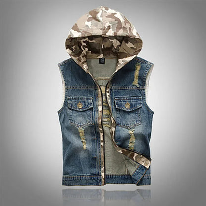 New  Men's Korean Style Vest Fashion Slim Camouflage Hooded Waistcoat Casual Sport Denim Vest Sleeveless Jackets for Men 5XL