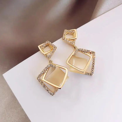 925 Silver Needle Korean Fashion Rhombus Drop Earrings For Women Jewelry 2025 Trending Luxury Crystal Cat's Eye Stone Earrings