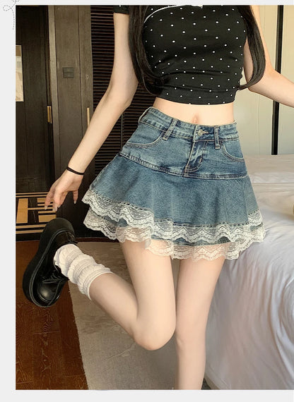 スイートセクシーデニムケーキスカート レディース レトロ ハイウエスト Aライン ミニスカート 女性用 韓国ファッション カジュアル ストリートウェア プリーツスカート Y2K
