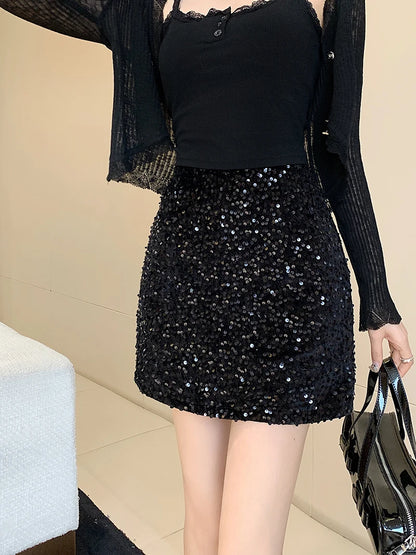 High Waist Sequined Casual A Line Skirts Women 2025 Elegant Korean Fashion Y2k Clothes Sweet Kawaii Black Micro Skirt Harajuku