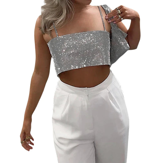 Women Silver Shining Sequin Camisole Summer Fashion Sexy Low Cut Suspender Tops Crop