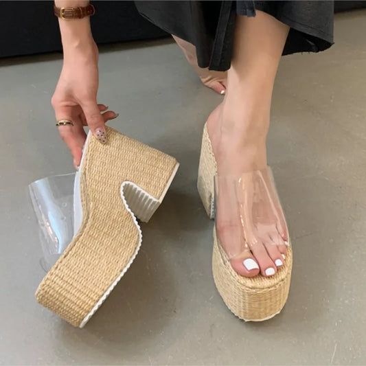 12cm チャンキーヒールスリッパ 6cm プラットフォームブロックヒールサンダル レディース ビーチシューズ 夏用クリアサンダル