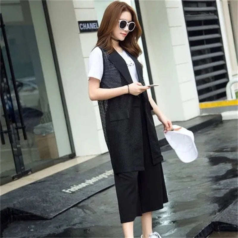 2025 Summer New V-NECKCollar Black White Suit Blazer Vest Jacket Women Style Commuter Sleeveless OL Cardigan Tank Coat