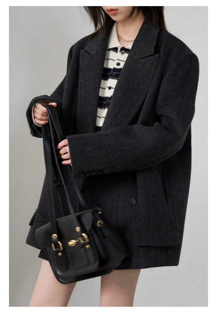 CHIC VEN Women Woolen Blazer Loose Vintage V Neck Female Jacket Suit Double Breasted Office Ladies Coat Spring Autumn 2025