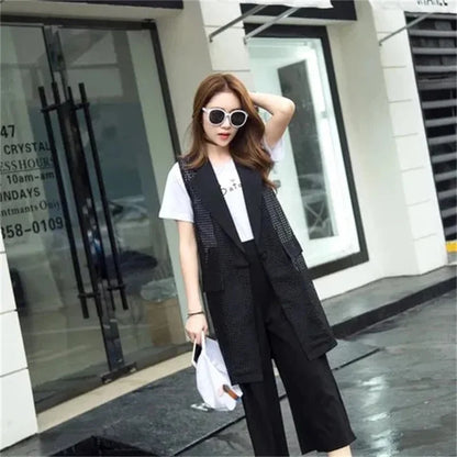 2025 Summer New V-NECKCollar Black White Suit Blazer Vest Jacket Women Style Commuter Sleeveless OL Cardigan Tank Coat