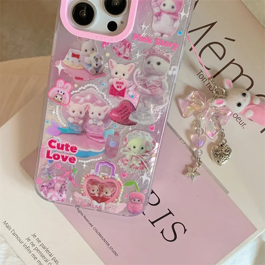 Luxury Laser Rainbow Cute Pink Heart Love Cat Cartoon Phone Case For iPhone 12 13 14 15 16 Pro Max Y2k 3D Furry Cat Doll Lanyard
