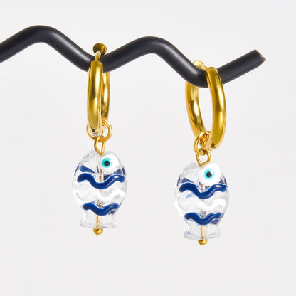 Stainless Steel Colorful Glazed Enamel Fish Hoop Earrings For Women Men Girl Cute Dopamine Fashion Ear Buckle Sea Animal Jewelry