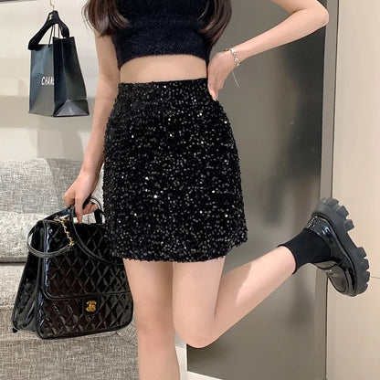 High Waist Sequined Casual A Line Skirts Women 2025 Elegant Korean Fashion Y2k Clothes Sweet Kawaii Black Micro Skirt Harajuku