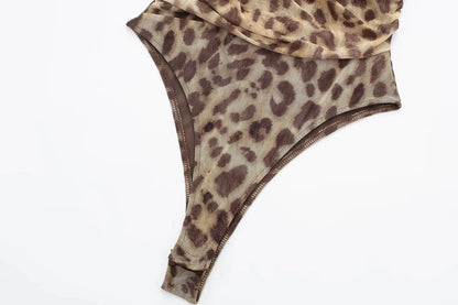 TRAFZA Leopard Print Women Bodysuits Sexy Vintage Sleeveless Lady Jumpsuits Fashion Summer Beach Slim Halter Female Rompers