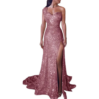 Wedding Party Dress Female Evening Elegant Sexy Deep V Neck One Shoulder Sleeveless Sequined Long Maxi Dresses For Women 2023