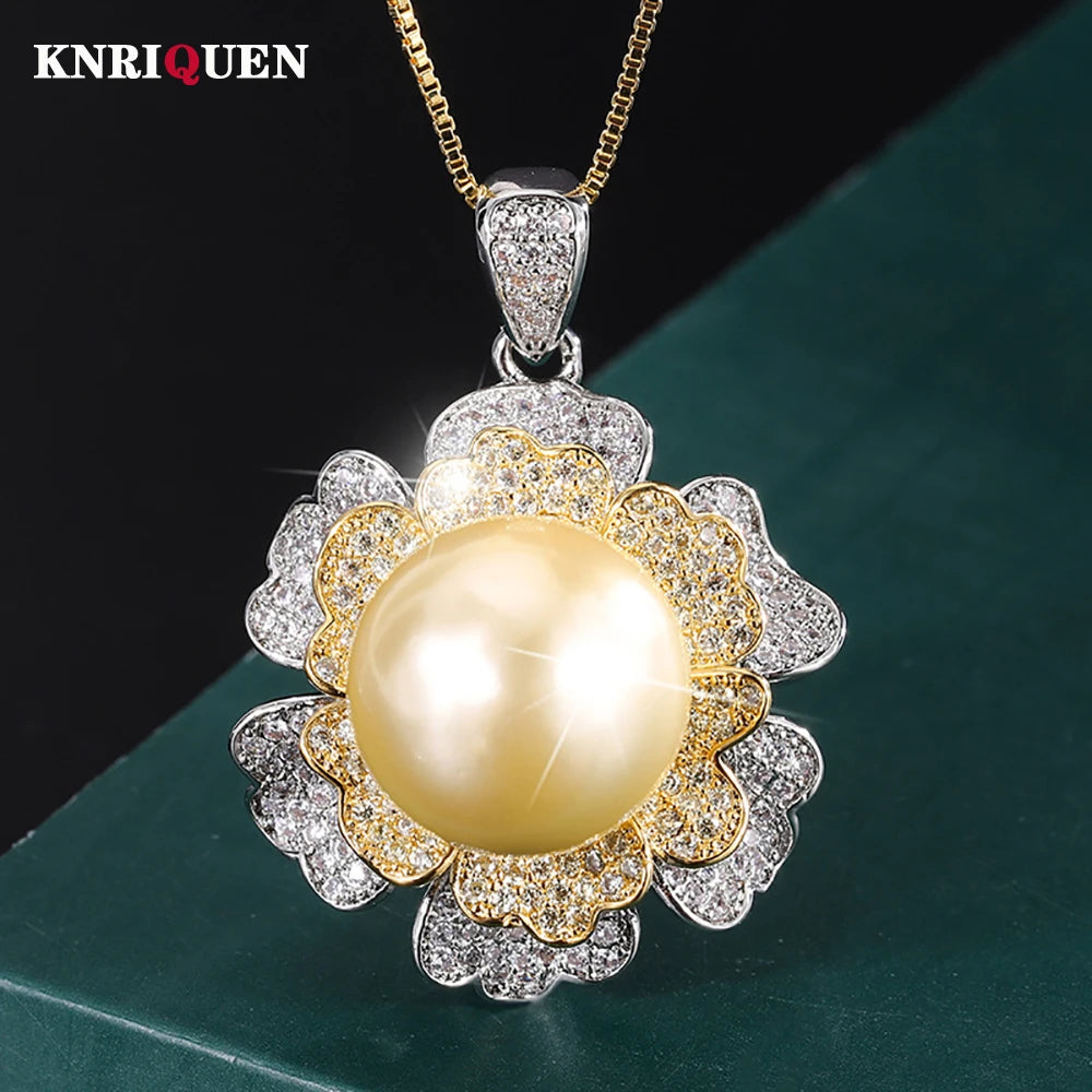 KNRIQUEN Charm 14mm White Gold Big Pearl Pendant Necklace for Women Lab Diamonds Anniversary Gift Party Fine Jewelry Accessories