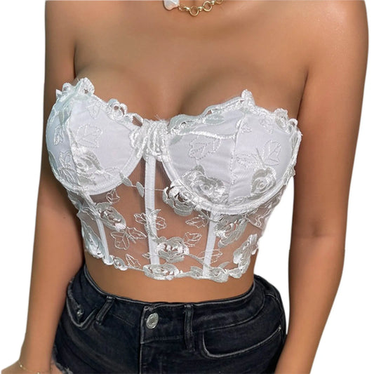 Women´s Bustier Tube Tops Rose Embroidery Flower See Through Off Shoulder Slim Fit Tank Top Summer Vest Aesthetic Grunge Clothes