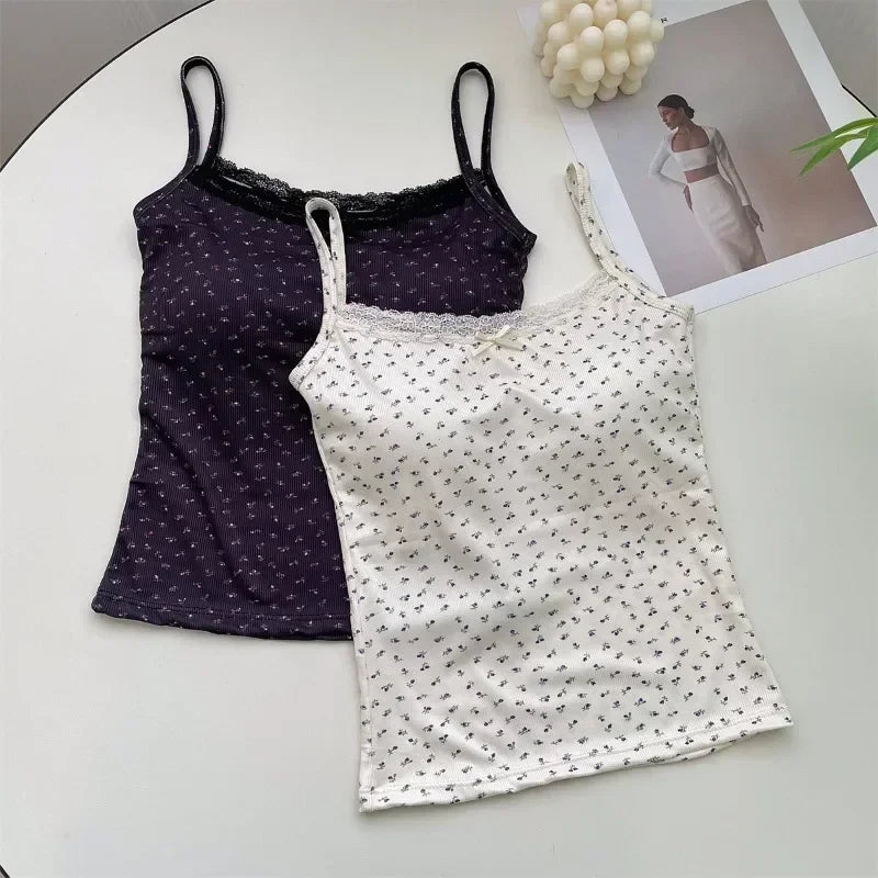 Summer Print Crop Tops for Women Bow Lace Camisole Sexy Backless Vest with Padded Basic Tank Top Bm Style Camis Y2k Streetwear