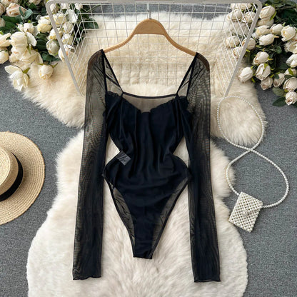 Women Sexy Mesh V Neck Slim Bodysuit Chic Long Sleeve Fashion Elastic Bodycone Jumpsuits Spring Autumn Hotsweet Gothic Playsuits