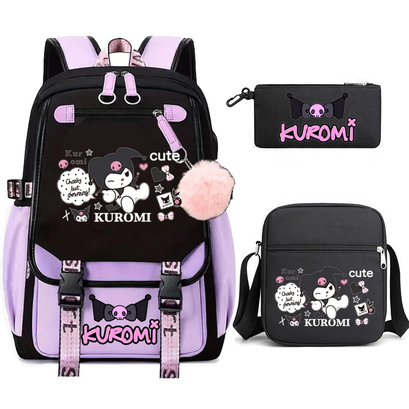 Kuromi Student Backpack 3pcs Cartoon Rucksack Girls School Bag High Capacity Women Backpack Female Cute Leisure Travel Mochilas