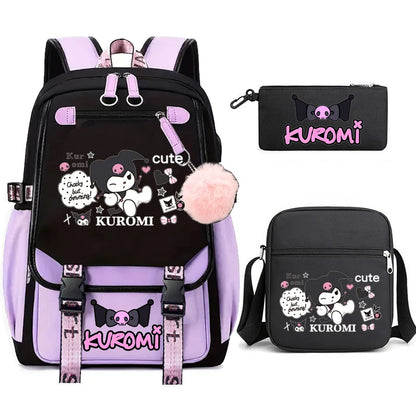 Kuromi Student Backpack 3pcs Cartoon Rucksack Girls School Bag High Capacity Women Backpack Female Cute Leisure Travel Mochilas