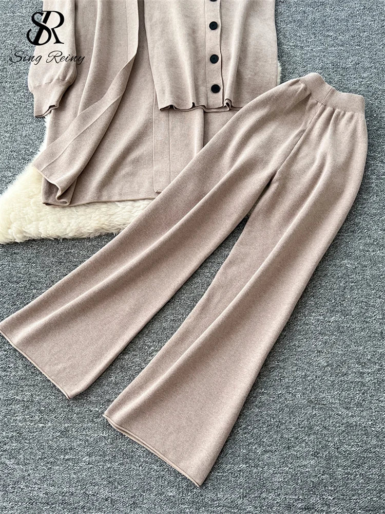 SINGREINY Autumn Knitted Warm Suits V Neck Buttons Vest+Full Sleeve Long Cardigans+Wide Legs Pants Women Solid Three Pieces Sets