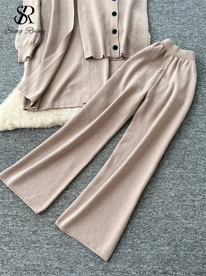 SINGREINY Autumn Knitted Warm Suits V Neck Buttons Vest+Full Sleeve Long Cardigans+Wide Legs Pants Women Solid Three Pieces Sets