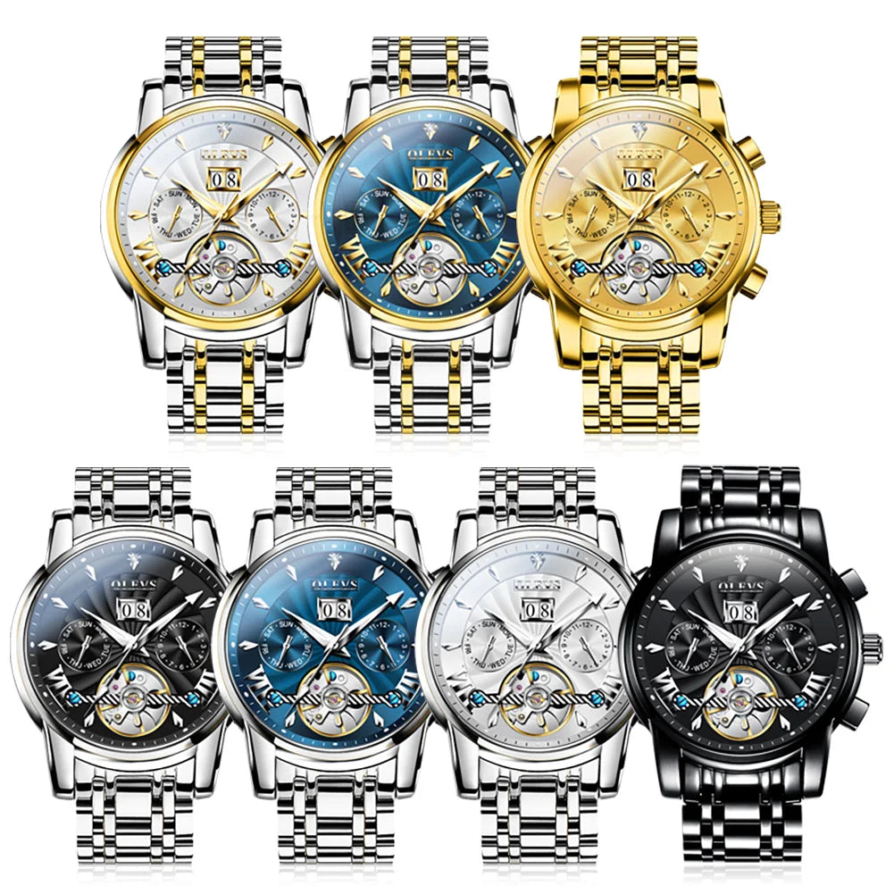 OLEVS 9965 Mechanical Watch for Men Tourbillon Dial Dual Calendar Display Luminous Automatic Mechanical Men's Watch