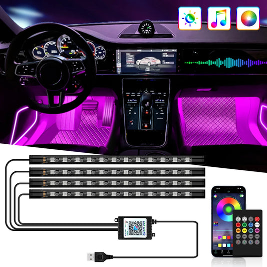 ネオン 36 48 72 LED 車内アンビエントフットライト ワイヤレスリモートミュージックアプリコントロール オートRGB雰囲気装飾ランプ