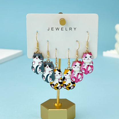 3Pairs/Set New Fun and Cute Enamel Alloy Cat Dangle Earrings Cartoon Style Colored Cat Ear Jewelry Set Gift For Women Girls