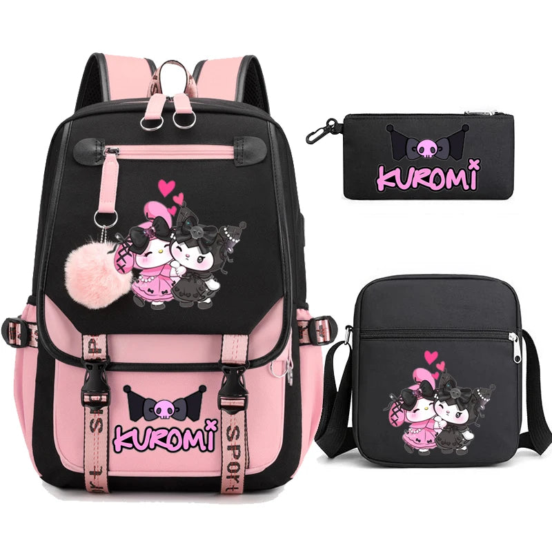 Kuromi Student Backpack 3pcs Cartoon Rucksack Girls School Bag High Capacity Women Backpack Female Cute Leisure Travel Mochilas