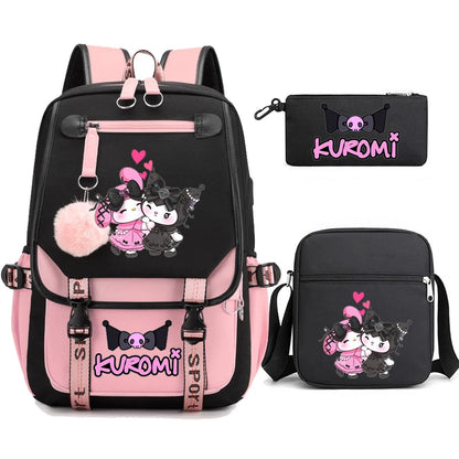 Kuromi Student Backpack 3pcs Cartoon Rucksack Girls School Bag High Capacity Women Backpack Female Cute Leisure Travel Mochilas