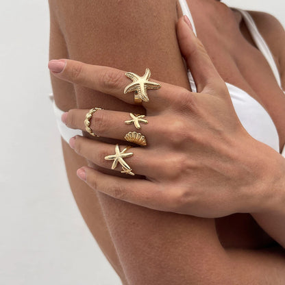 SHIXIN 4Pcs/Set Starfish Scallop Adjustable Open Rings for Women Trendy Geometric Gold Color Ring Summer Beach Jewelry Accessory