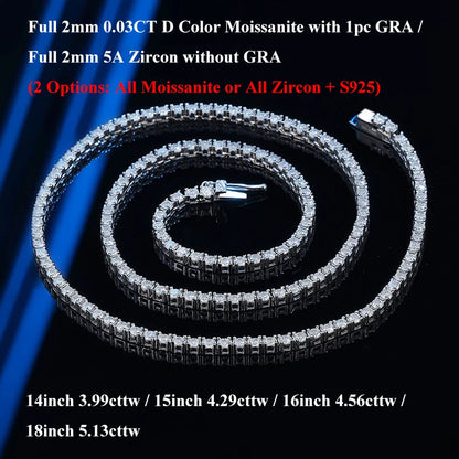 EWYA 本物 2-5mm フル D カラー モアサナイト テニス ネックチェーン ネックレス レディース メンズ 925 シルバー GRA 認定 パーティー ブライダル ネックレス