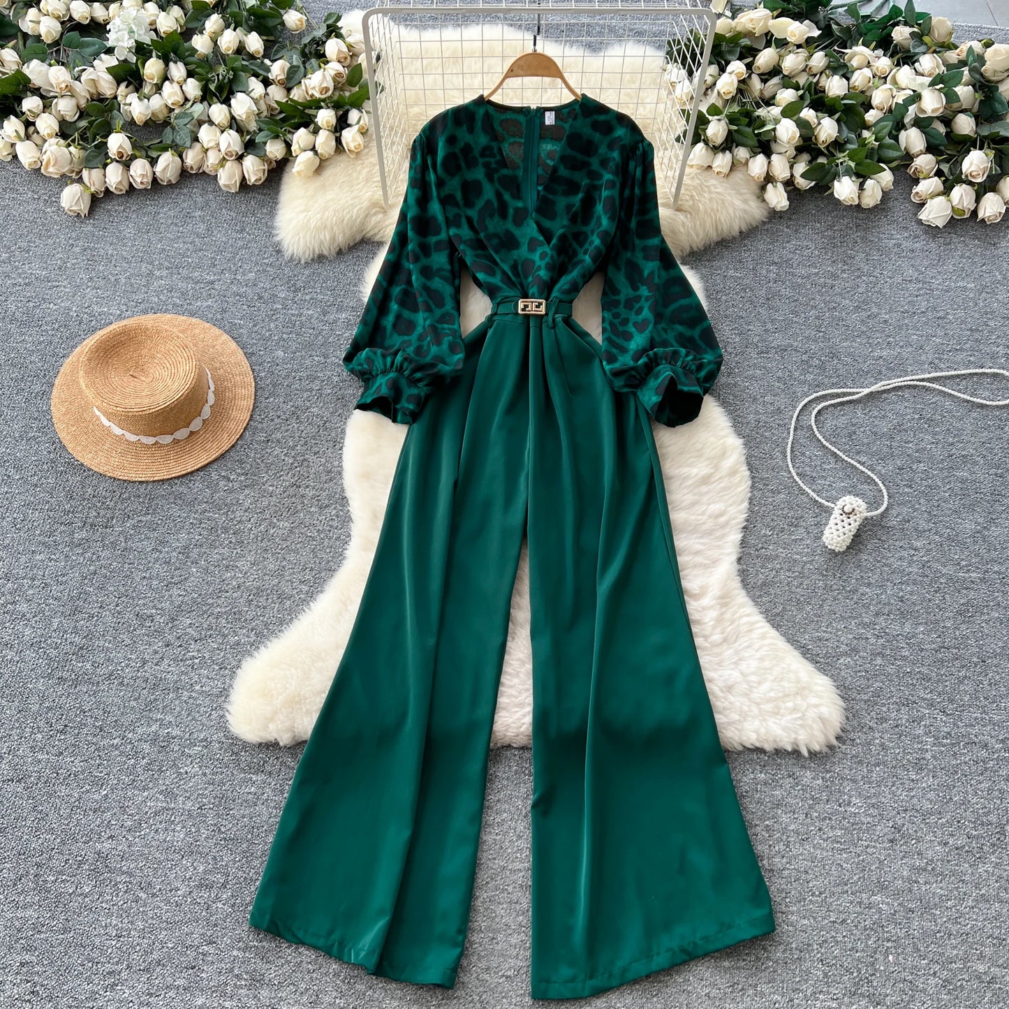 SINGREINY Autumn Leopard Long Jumpsuits V Neck Long Sleeves Belt Wide Legs Pants Women American Retro Senior Office Lady Rompers