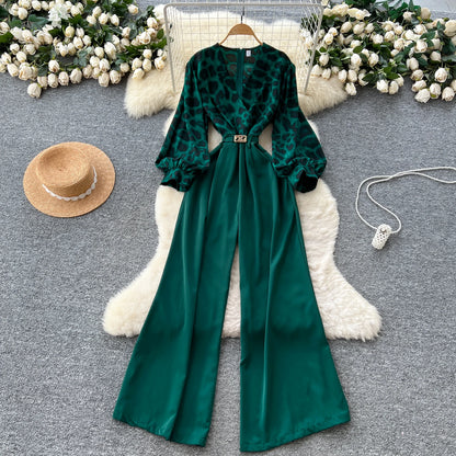 SINGREINY Autumn Leopard Long Jumpsuits V Neck Long Sleeves Belt Wide Legs Pants Women American Retro Senior Office Lady Rompers