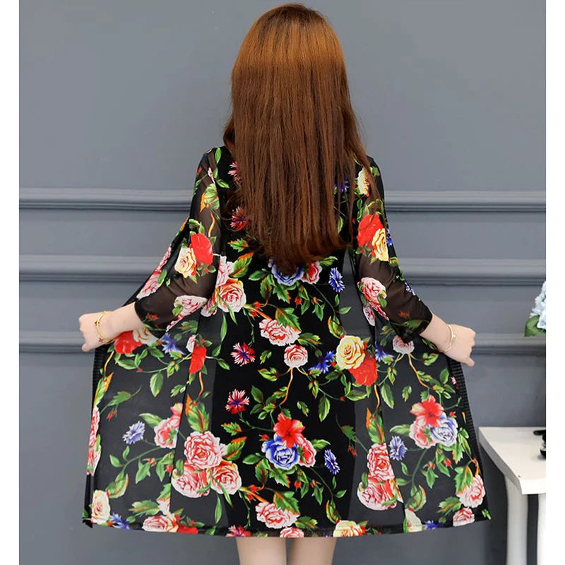 2024 Female Mid Length Large Size Sun Protection Cardigan Tops Coat Women Summer Gauze Lace Print Thin Sun Sunscreen Jacket 5XL