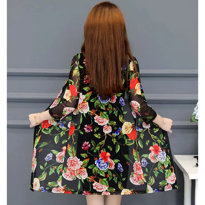 2024 Female Mid Length Large Size Sun Protection Cardigan Tops Coat Women Summer Gauze Lace Print Thin Sun Sunscreen Jacket 5XL