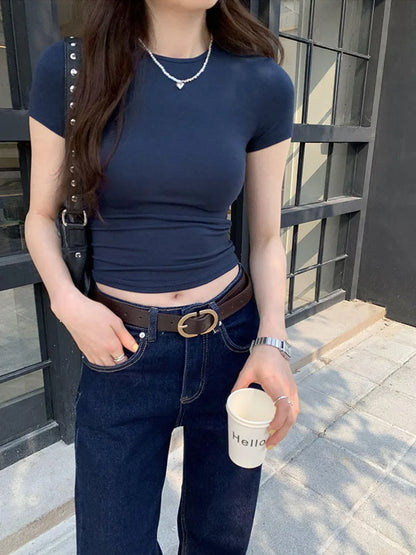 ベーシック無地クロップトップ 半袖クルーネックスキニーティー 夏のカジュアルTシャツ レディース y2kヴィンテージトップ 原宿ストリートウェア
